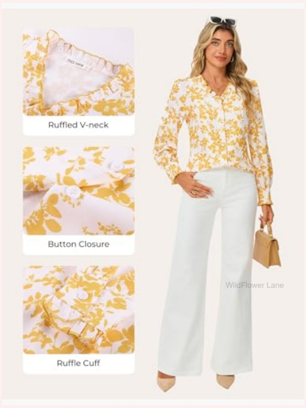 Boho Floral Button Down Long Sleeve Blouse Dressy Casual V Neck Work Top - Picture 4 of 7